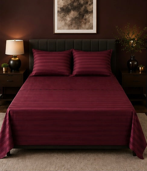 Wine Red Microfiber Bedsheet Set - Standard Double Size Bedsheet with 2 Pillow Cover