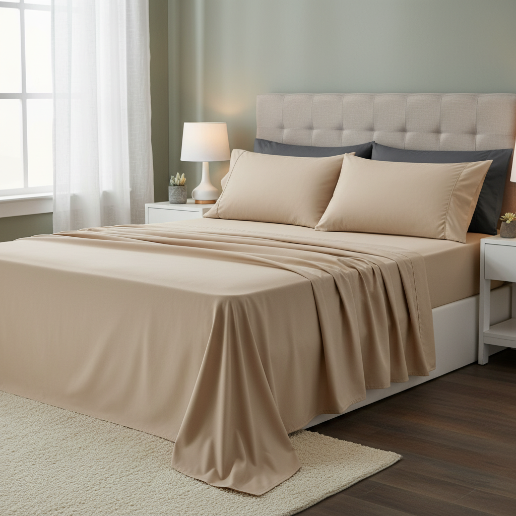Beige Microfiber Bedsheet Set - Standard Double Size Bedsheet with 2 Pillow Cover