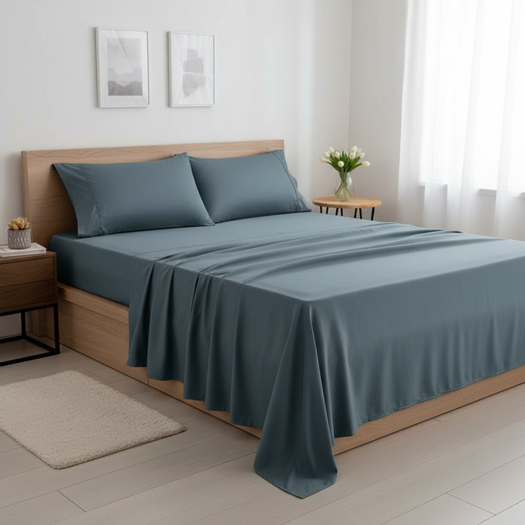 Steel Blue Microfiber Bedsheet Set - Standard Double Size Bedsheet with 2 Pillow Cover