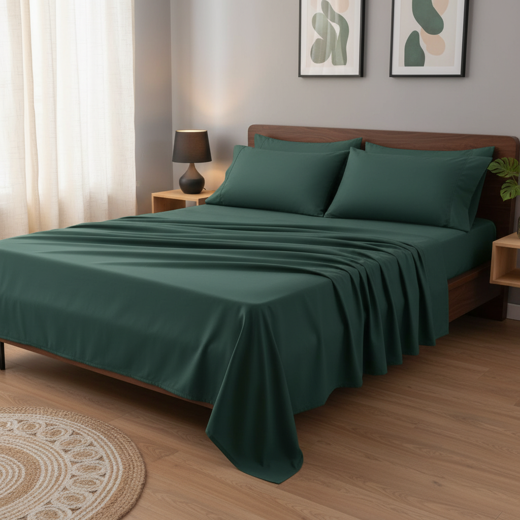Forest Green Microfiber Bedsheet Set - Standard Double Size Bedsheet with 2 Pillow Cover