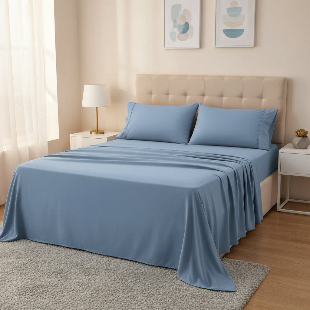 Baby Blue Microfiber Bedsheet Set - Standard Double Size Bedsheet with 2 Pillow Cover