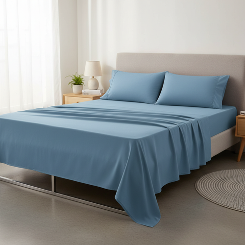Baby Blue Microfiber Bedsheet Set - Standard Double Size Bedsheet with 2 Pillow Cover