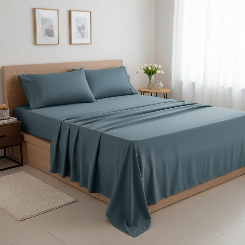 Steel Blue Microfiber Bedsheet Set - Standard Double Size Bedsheet with 2 Pillow Cover