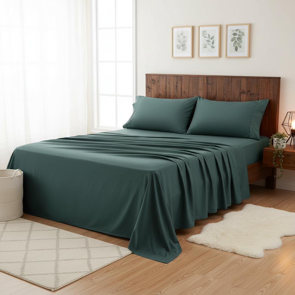 Forest Green Microfiber Bedsheet Set - Standard Double Size Bedsheet with 2 Pillow Cover