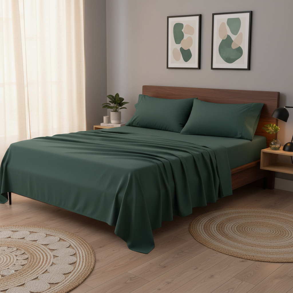 Forest Green Microfiber Bedsheet Set - Standard Double Size Bedsheet with 2 Pillow Cover