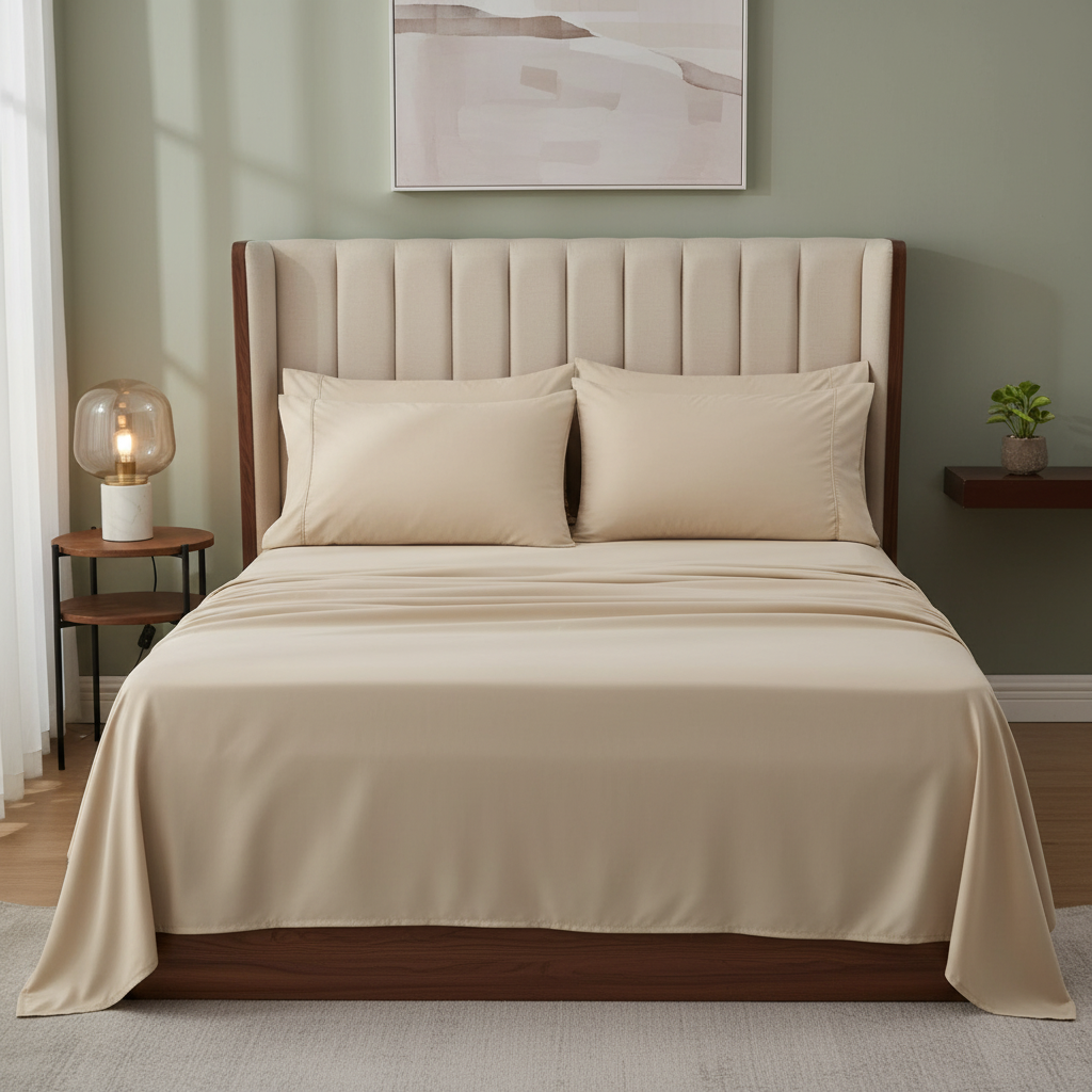 Beige Microfiber Bedsheet Set - Standard Double Size Bedsheet with 2 Pillow Cover