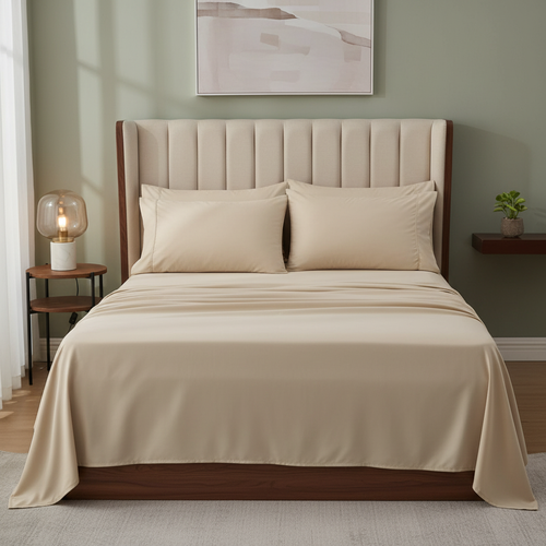 Beige Microfiber Bedsheet Set - Standard Double Size Bedsheet with 2 Pillow Cover